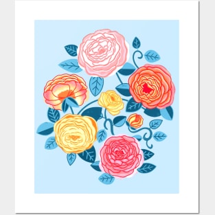 Coral, Yellow & Blue Climbing Rosa Vines Posters and Art